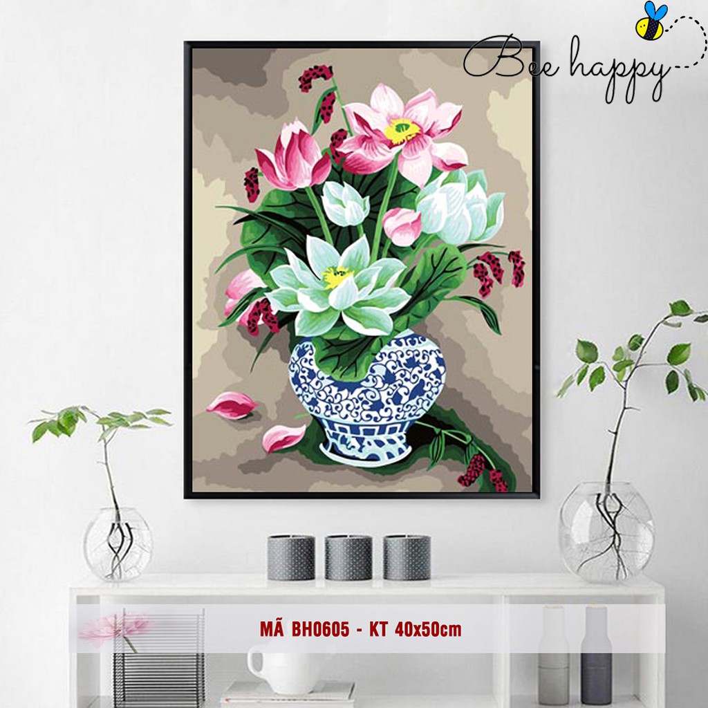 Tranh sơn dầu số hóa tự tô màu DIY hoa BEE HAPPY - Mã BH0605 Bình hoa sen sang trọng Tranh tĩnh vật hoa cỏ
