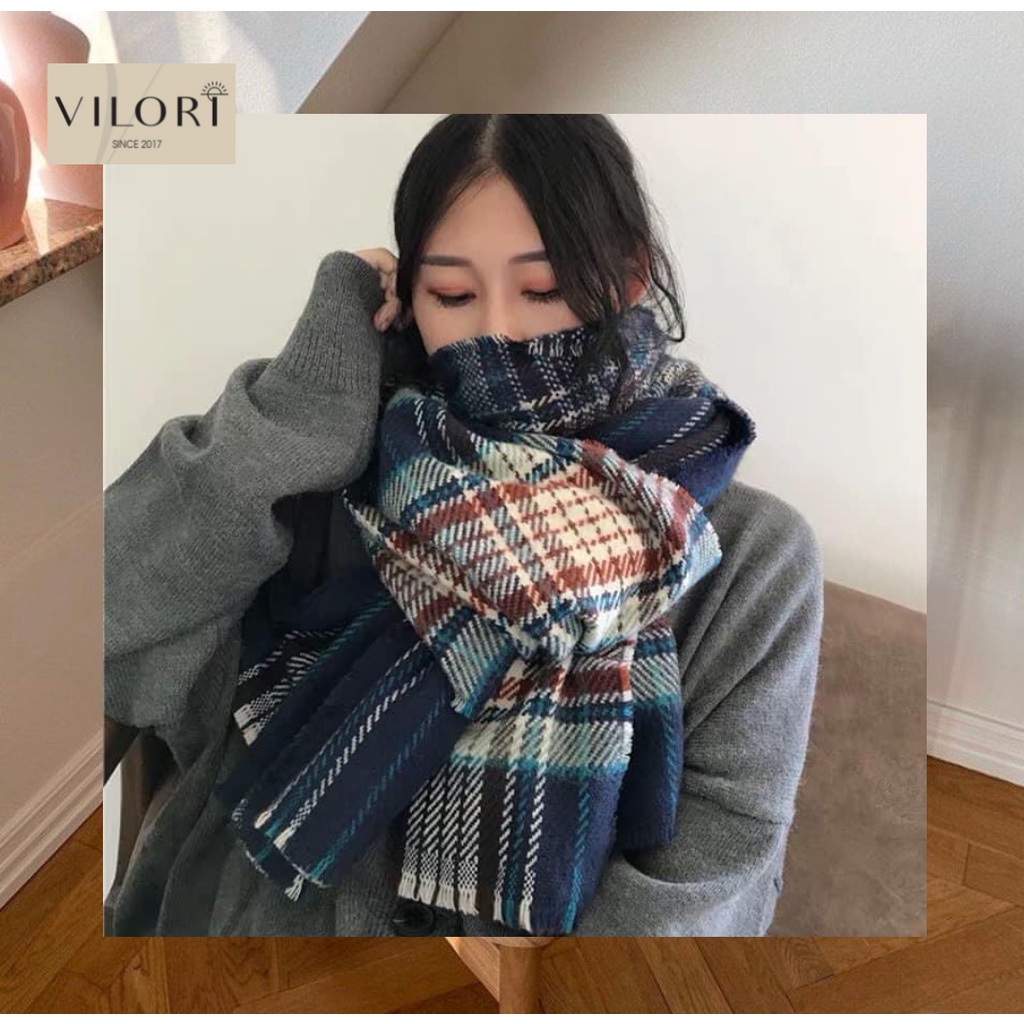~Rẻ nhất~ Khăn len Dongdaemun Hàn Quốc quàng cổ mùa đông ấm áp họa tiết kẻ xanh sọc phụ kiện đôi nam nữ