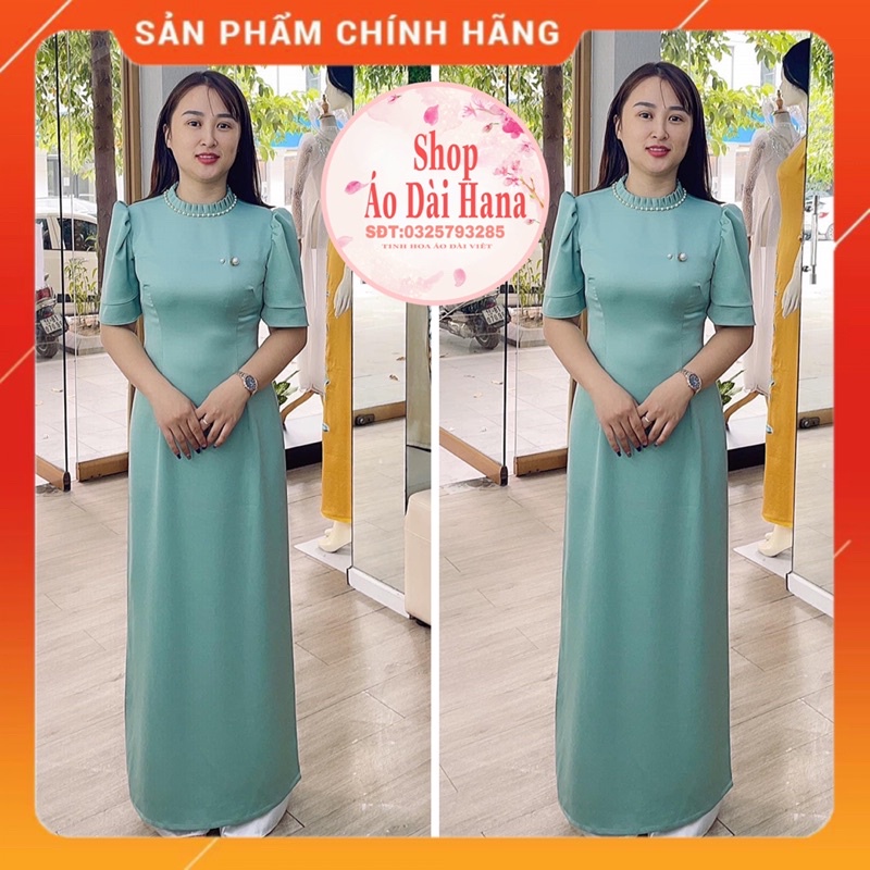 Áo dài xanh đá tay cánh tiên, cổ đính ngọc, chất vải lụa Tây thi 2 tà