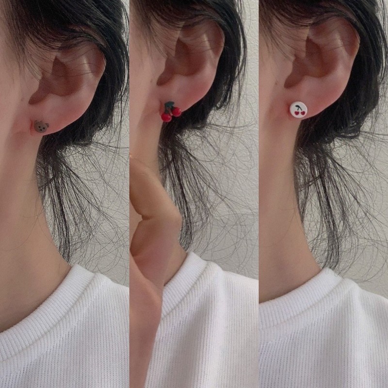 Bộ 6 Bông Tai Mạ Bạc 925 Hình Gấu Cherry Dễ Thương