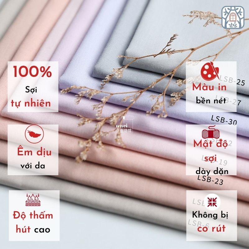 Vải cotton trơn 100% tự nhiên🍒Cottonvill🍒khổ vải 110cm , đủ bảng 34 màu