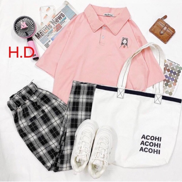 Áo polo cô gái + quần kẻ đen