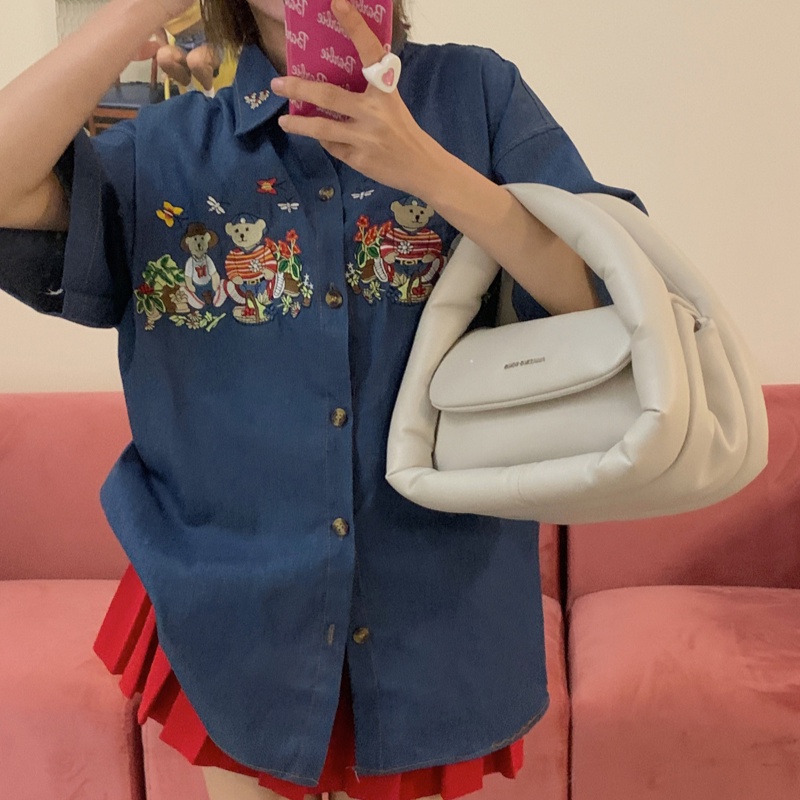 Áo Sơ Mi Denim Tay Ngắn Hoạ Tiết Thêu Thiết Kế Oversized Phong Cách Hàn Quốc