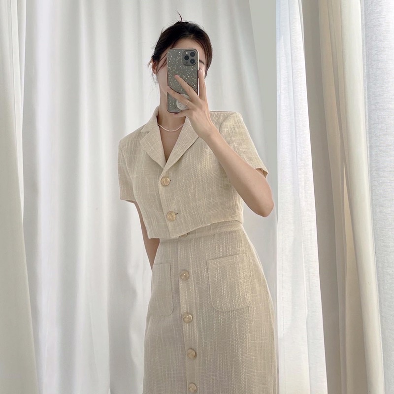 set áo vest chân váy Hàn Quốc, áo vest ngắn phối chân váy bút chì sang chảnh | BigBuy360 - bigbuy360.vn