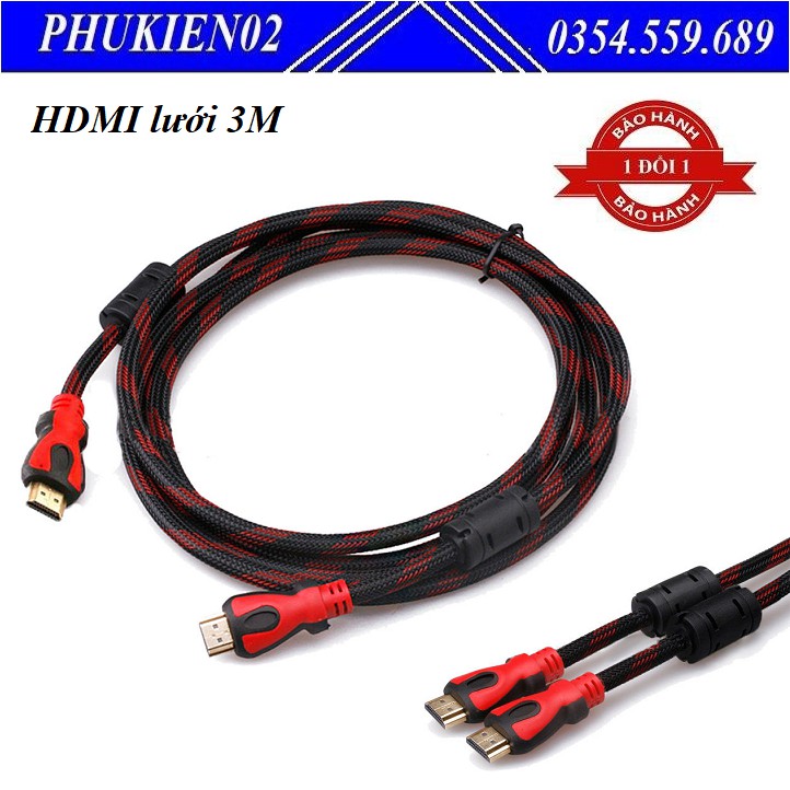 Dây cáp HDMI lưới 3m đen vạch đỏ giá rẻ đảm bảo chất lượng hình ảnh âm thanh - PK02HDMI3m