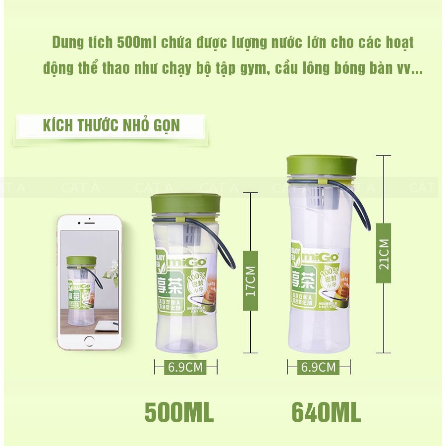 [500ml - 1522] BÌNH ĐỰNG NƯỚC FREE MIGO, BÌNH NƯỚC BẰNG NHỰA  BPA  Cao cấp  - An toàn, trong suốt, có rây lọc, quai xách