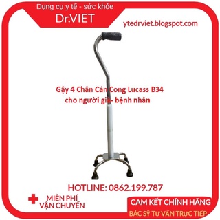 Gậy, nạng chống 4 Chân Cán Cong Lucass B34-Giúp chống trơn trượt,tạo độ vững chắc cho việc đi lại của người già chân yếu
