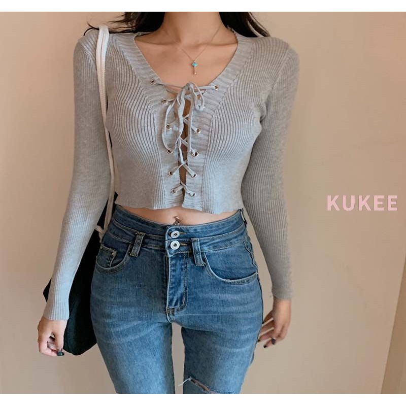 Áo Croptop Dài Tay Cổ Chữ V Xinh Xắn Phong Cách Hàn Quốc | BigBuy360 - bigbuy360.vn