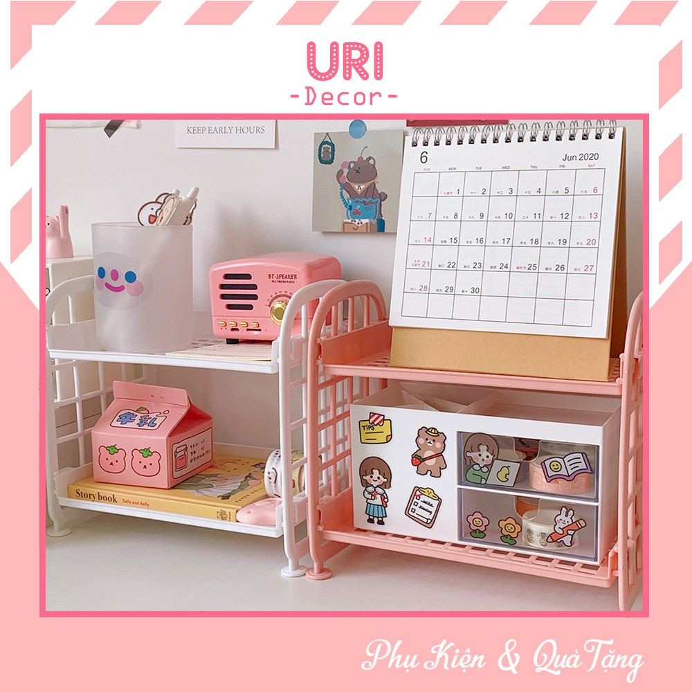 Kệ giá nhựa mini 2 tầng đựng đồ đa năng họa tiết ô vuông 7 màu ♥️ URI DECOR ♥️