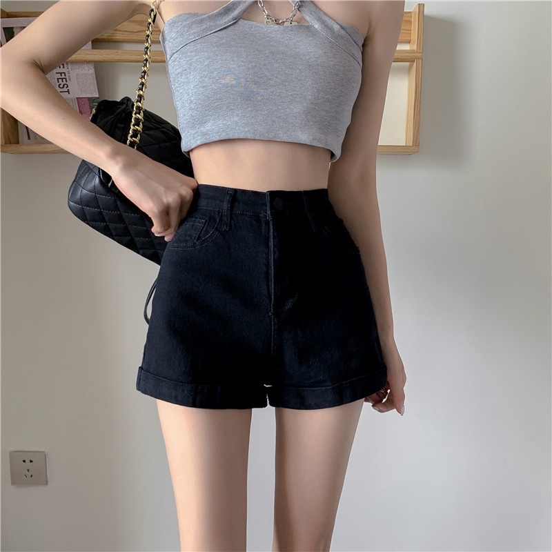 IELGY Quần Short denim Lưng Cao Dáng Ôm Kiểu retro Thời Trang Cho Nữ
