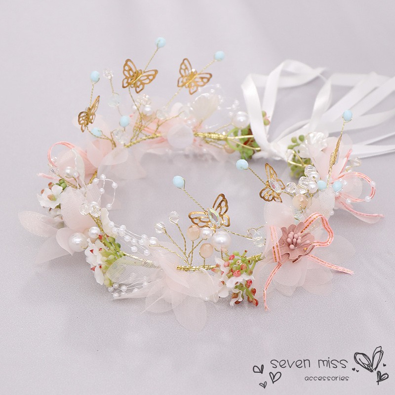 Vòng hoa đeo đầu đính hoa và bướm kiểu Âu Mỹ đơn giản