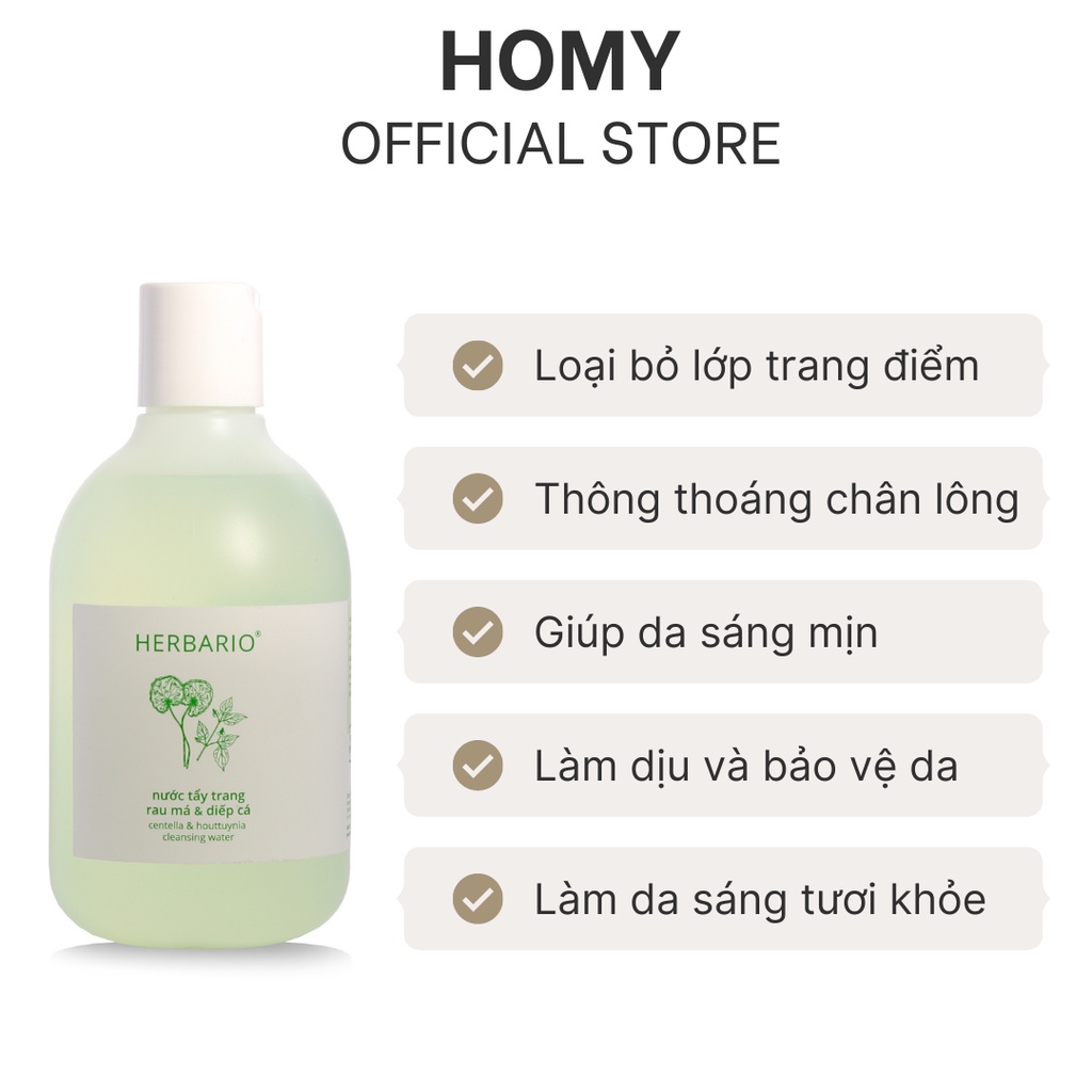 Nước tẩy trang rau má &amp; diếp cá Herbario 300ml loại bỏ bụi bẩn và lớp trang điểm