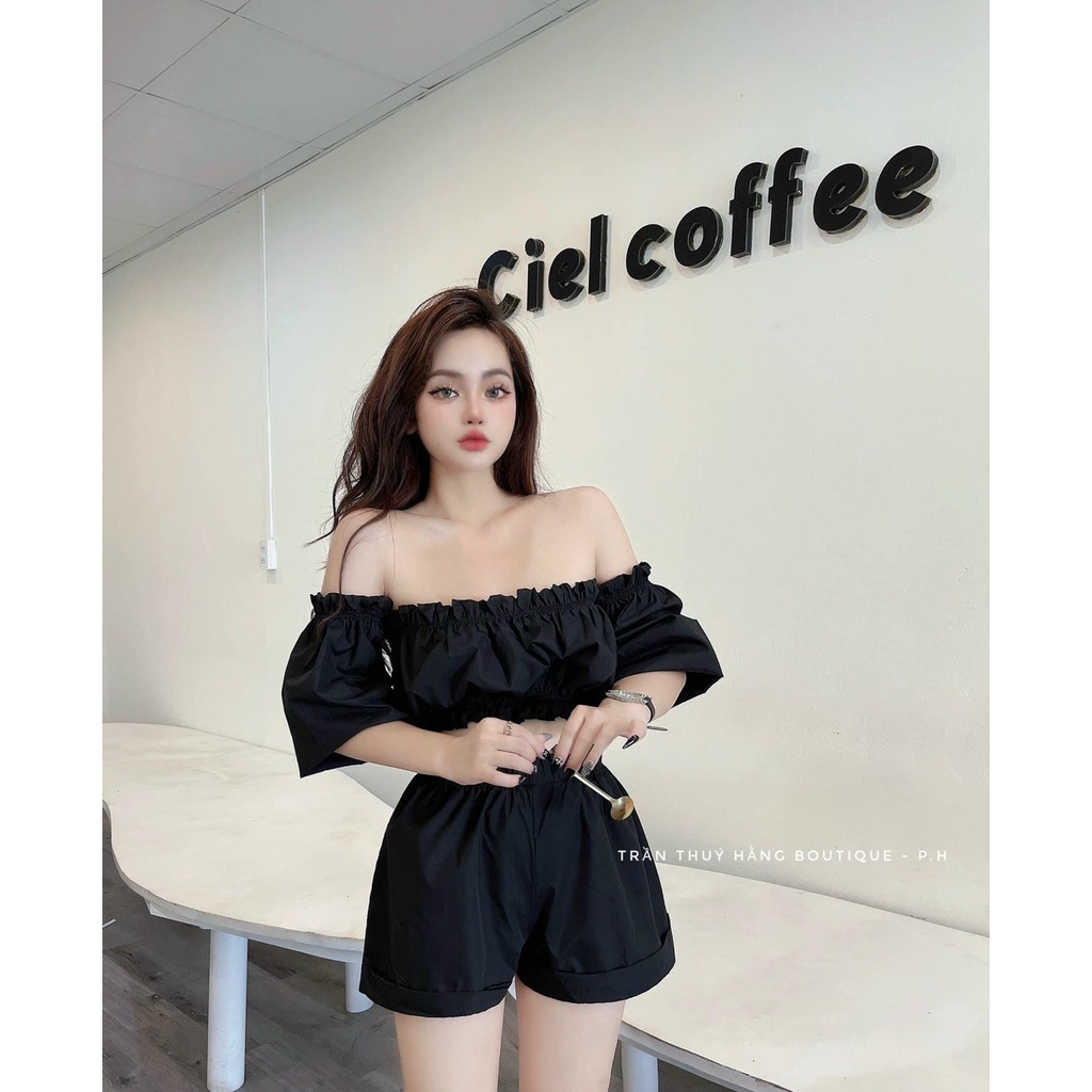 Set bộ đồ nữ trễ vai tay phồng mix quần ống rộng cùng tone với 3 màu cute dành cho các nàng đi chơi, dạo phố siêu xinh