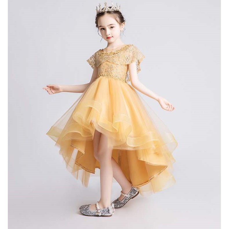 Đầm công chúa bé gái Vàng đuôi choàng vai ren thêu cao cấp 13kg - 40kg 3LAU váy bé gái