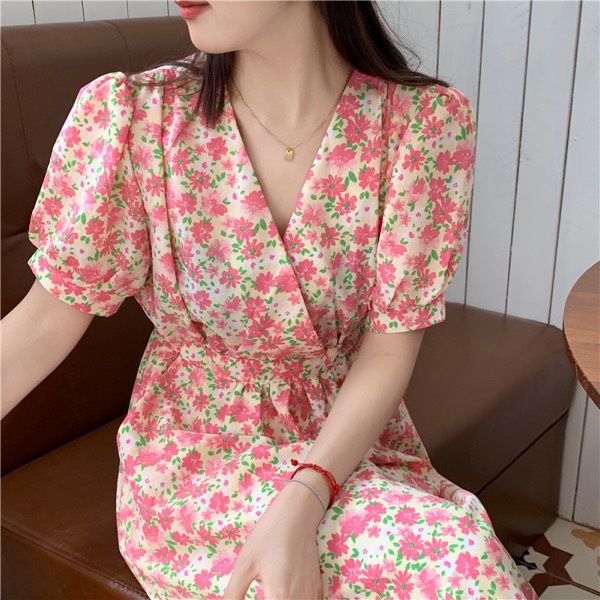 Váy hoa nhí cổ chéo rút eo dáng dài vintage Ulzzang style 🌸 Hàng Quảng Châu