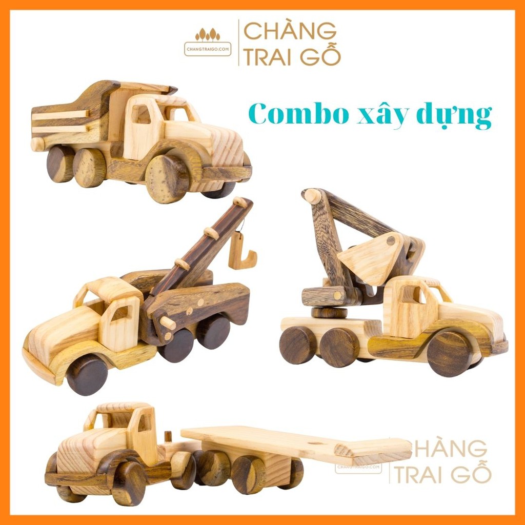 Bộ 4 Xe Công Trình Siêu Đẳng ( Xe Ben, Xe Cẩu, Xe Đầu Kéo, Xe Xúc ) Chất Liệu 100% Gỗ Tự Nhiên - Chàng Trai Gỗ