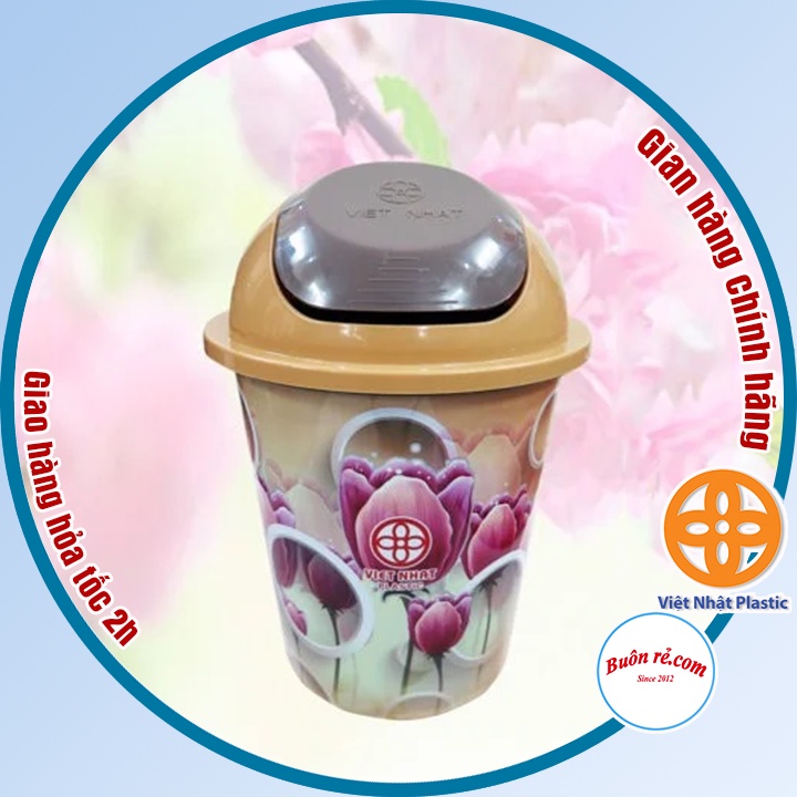 Thùng rác nắp lật tròn bé in hoa nhựa Việt Nhật, sọt rác văn phòng, nhà bếp, phòng tắm cao cấp bền đẹp (MS:5313)-br01259