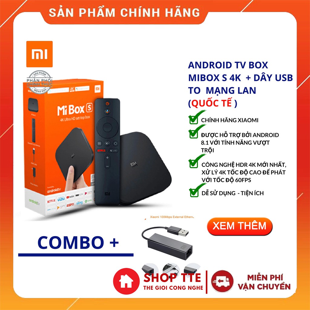 { Combo Box + Chuyển Lan } Tivi Box Xiaomi Mibox S 4K 2018 Bản Quốc Tế Tiếng Việt Tìm Kiếm Giọng Nói