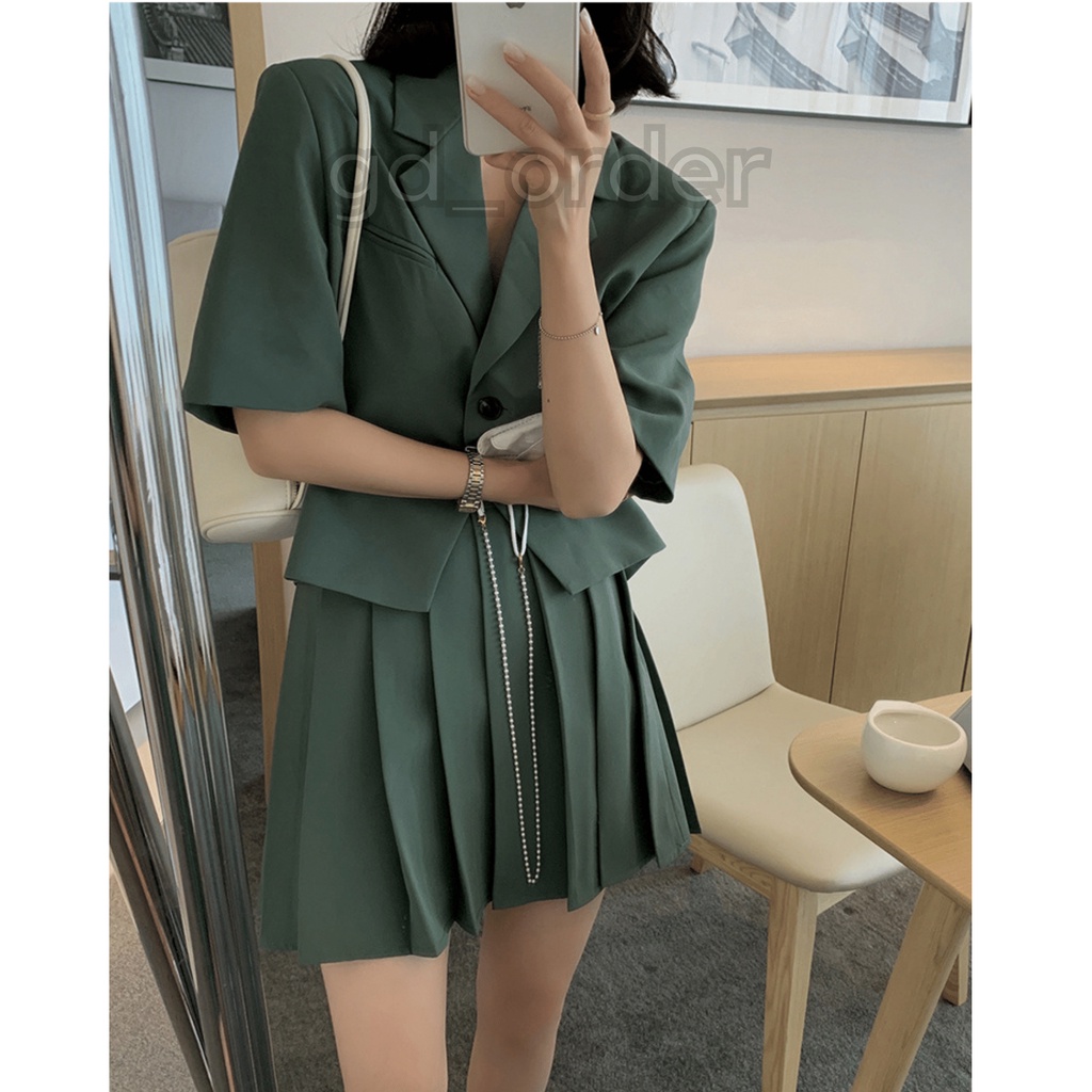 B53|Set bộ vest áo khoác ngắn tay, váy xếp ly cạp cao nhẹ nhàng màu vàng, xanh, nâu gd_order