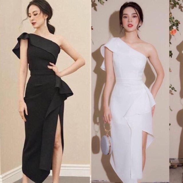 Đầm dự tiệc lệch vai xẻ tà bèo 1 bên