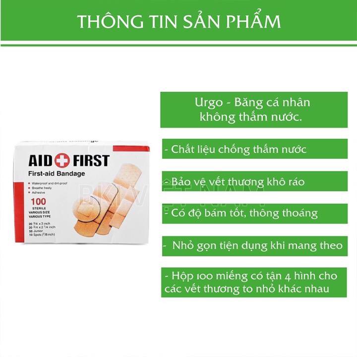 Băng cá nhân Urgo y tế AID FIRST hộp 100 miếng với 4 size cực kì tiện dụng