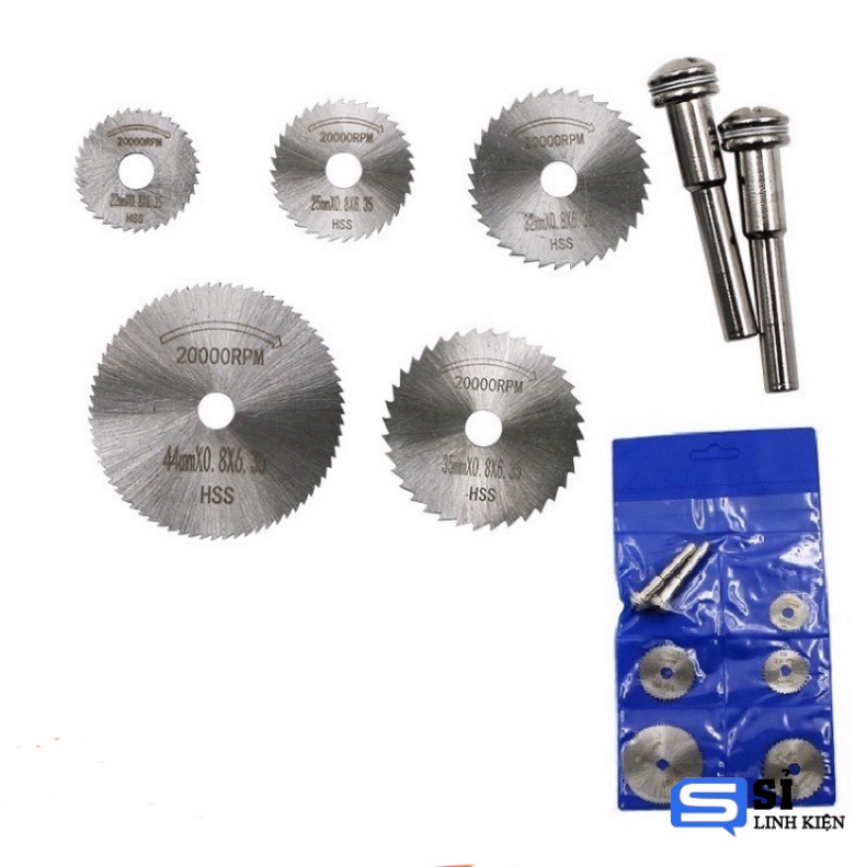 Lưỡi cắt mini dùng cắt gỗ thép HSS (5 đĩa cắt răng + 2 chân cán 6mm) 7 chi tiêt [freeship]