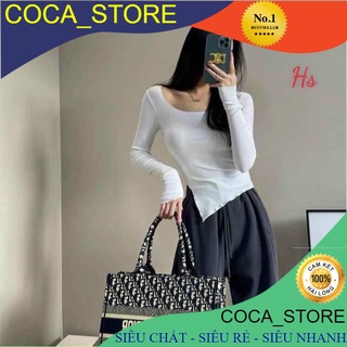 Áo thun croptop nữ dài tay xẻ tà vạt lệch cổ bèo.