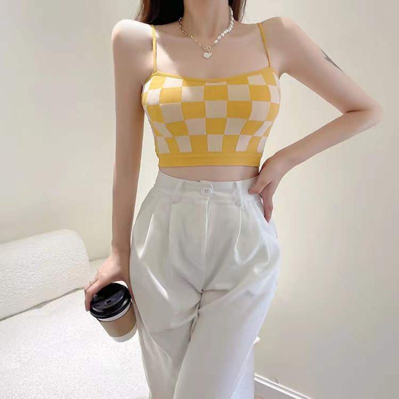 Áo bra quây ngang 2 dây mút may liền hoạ tiết caro