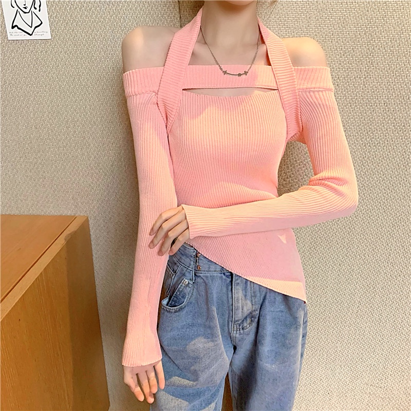 SUXI Áo croptop dệt kim tay dài hở vai ôm dáng phong cách Hàn Quốc cho nữ