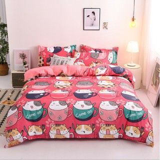Sỉ Bộ Chăn Hè Ga Gối Kèm Vỏ Gối Ôm set 5 món Mẫu MÈO CỐC ĐỎ
