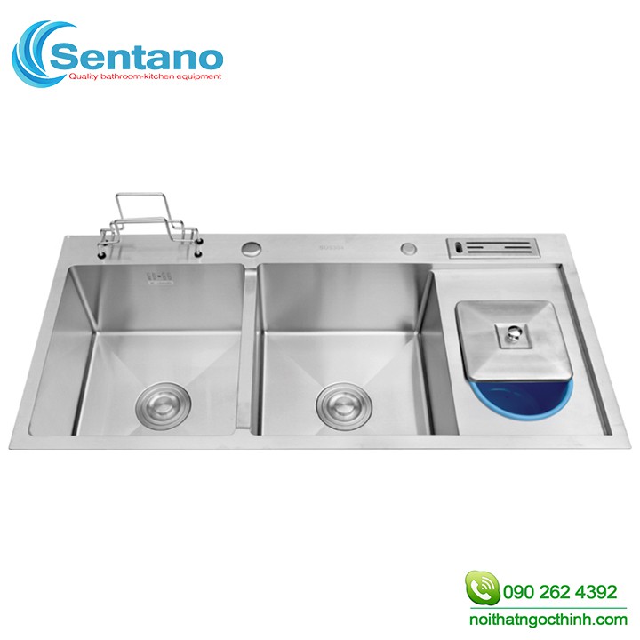 Combo 4 món bồn chậu rửa chén đúc inox 304 có 2 ngăn lớn và bàn chờ - tặng bình nước rửa chén inox cao cấp