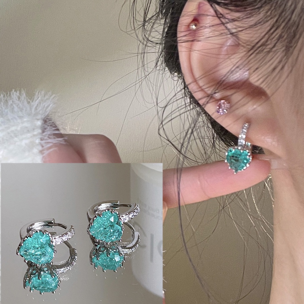 2022 Bông Tai Hình Trái Tim Đính Đá zircon Xanh Dương Phong Cách Hàn Quốc Mới