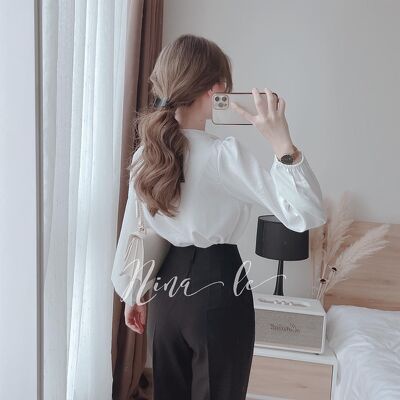 Áo sơ mi lụa cổ sen 2 lá đính viền dây ngọc tiểu thư