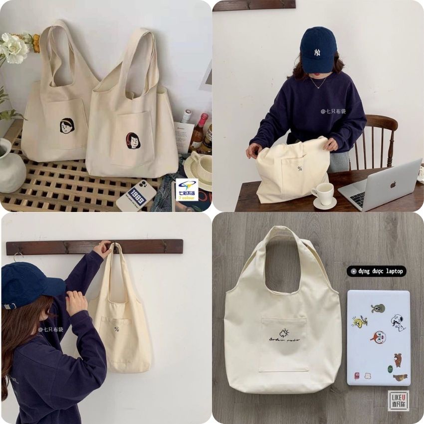 Túi xách vải nữ ZIMI, túi tote vải canvas nữ đi học đựng vừa laptop cỡ lớn cao cấp