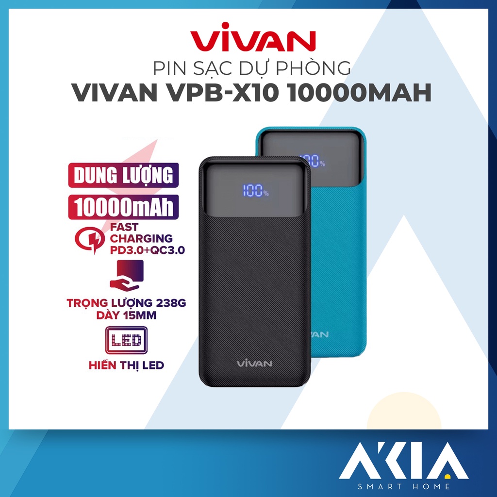 Sạc dự phòng 10000mAh sạc nhanh pd/qc 3.0 vivan vpb-x10 20w - 2output type c &amp; usb AKIA Smart Home