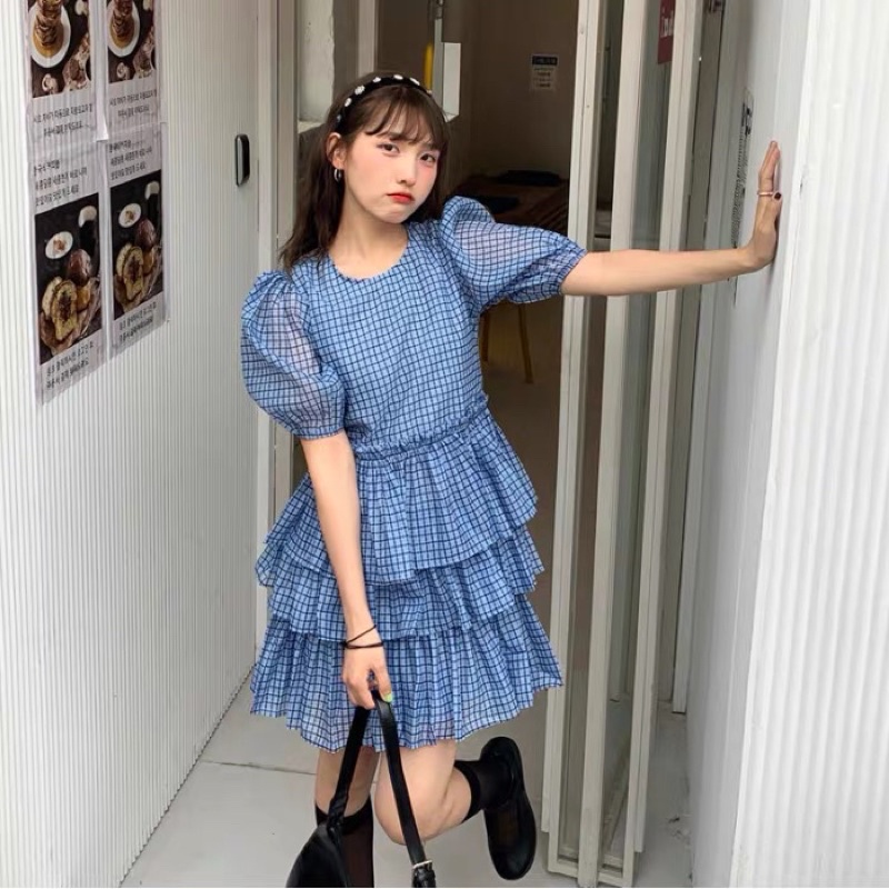 Đầm midi nữ tay ngắn xếp tầng đáng yêu thời trang nữ K58