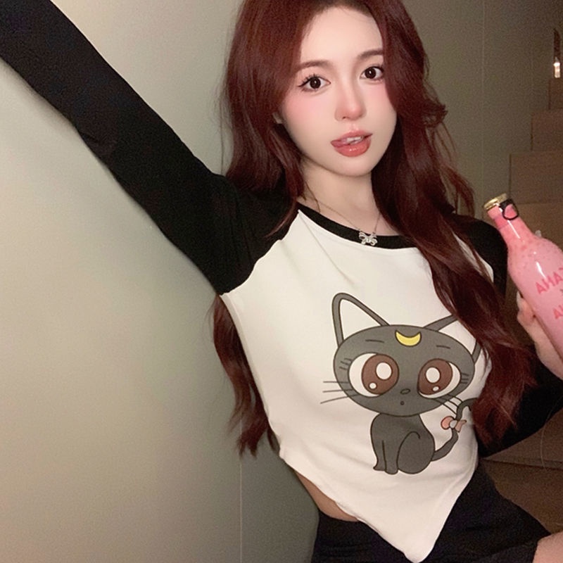 Cat Diana Áo Thun Ngắn Ôm Eo Tay Dài Màu Trắng Đen Tương Phản Xinh Xắn Cho Nữ