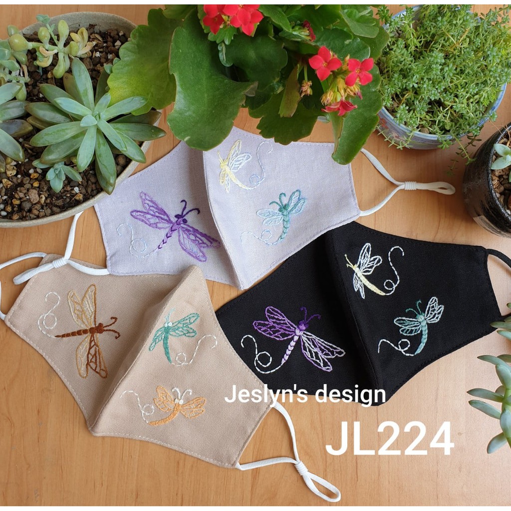 Khẩu trang thêu tay vải linen 3 con chuồn chuồn JL224X-Hand embroidered masks