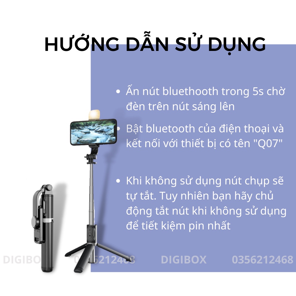 Gậy chụp ảnh tự sướng selfie kèm nút chụp bluetooth kiêm tripod 3 chân Q07 Digibox