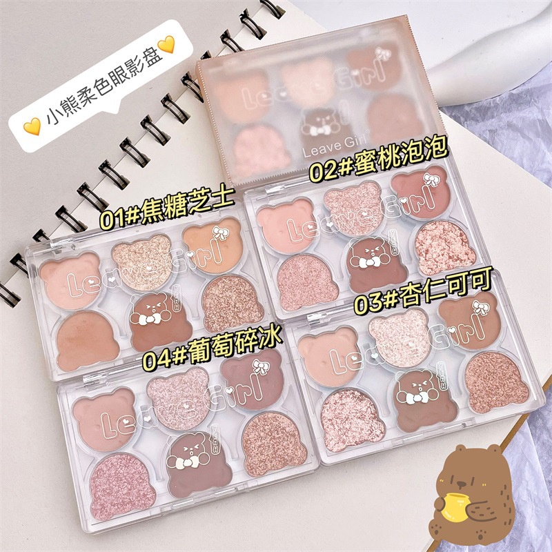 Bảng Phấn Mắt 6 Màu Sắc Tông Lì/Lấp Lánh Chống Thấm Nước Lâu Trôi Trang Điểm Bắt Sáng Hình Gấu Dễ Thương