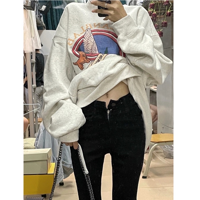 Áo sweater nỉ bông chi tiết in phong cách mùa đông hàn