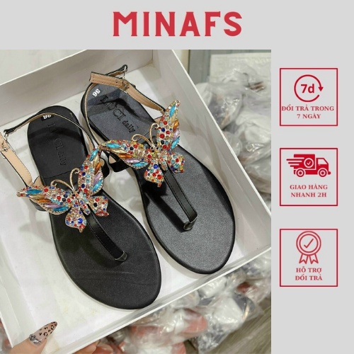 Xăng Đan Nữ MINAFS Đế Bằng Kẹp Ngón Đính Đá Con Bướm Đẹp Cao Cấp Sandal Bệt Quai Mảnh Màu Đen Cam Đi Dạo Dễ Thương
