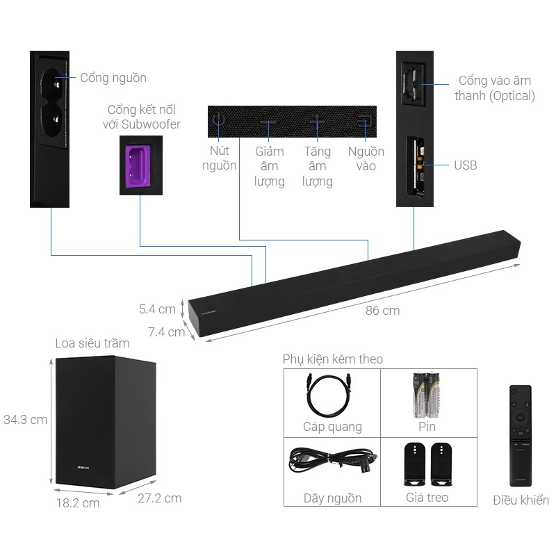 Loa thanh soundbar Samsung HW-T420/XV 2.1ch, Có cổng USB,Có kèm remote,Bluetooth 2.0, công suất:150 W