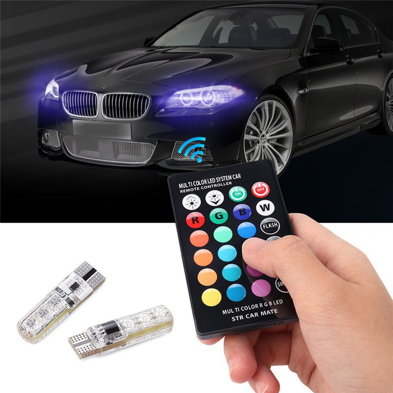 TK 2PCS 6SMD RGB LED T10 5050 Multi Color Light Car Wedge Remote Control Bulbs