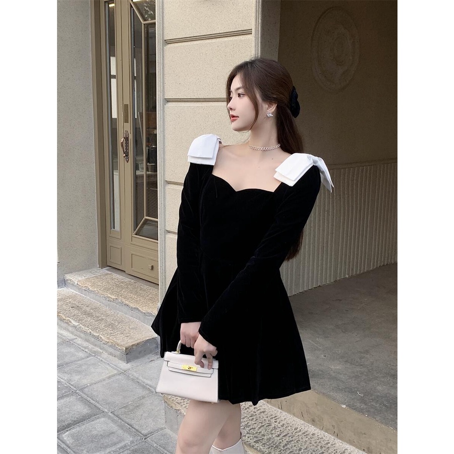 Đầm nhung dáng chữ A hàng Quảng Châu cao cấp đầu xu hướng mùa thu váy ngắn ngọt ngào phong cách tiểu thư