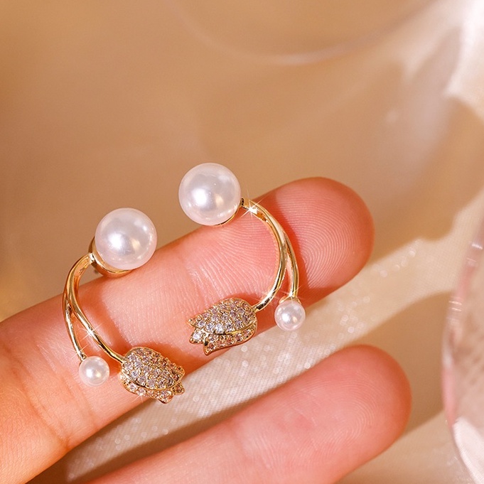 Khuyên Tai Mạ Vàng Hình Hoa Tulip Đính Ngọc Trai Phong Cách Hàn Quốc Mới