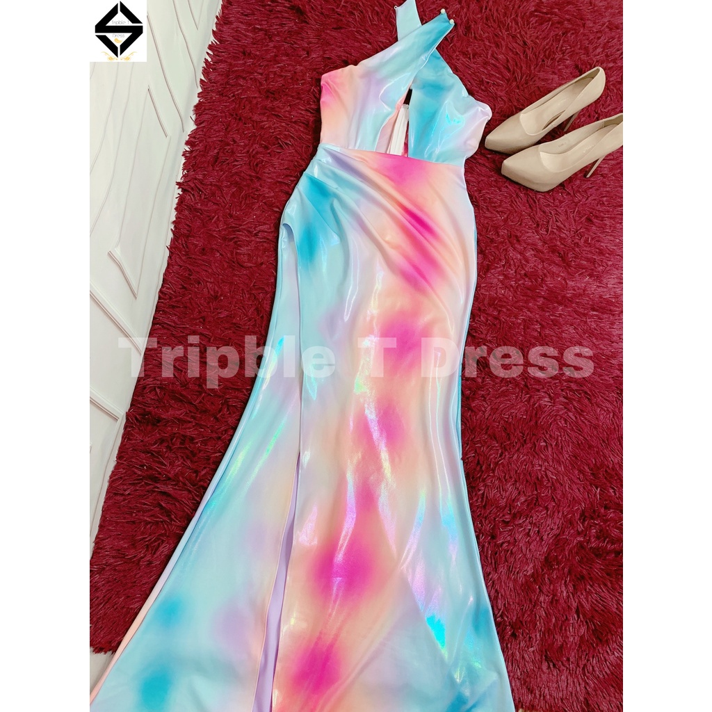 Đầm maxi body thun da bóng phối loang màu gợi cảm TRIPBLE T DRESS - size S/M/L - MS397V
