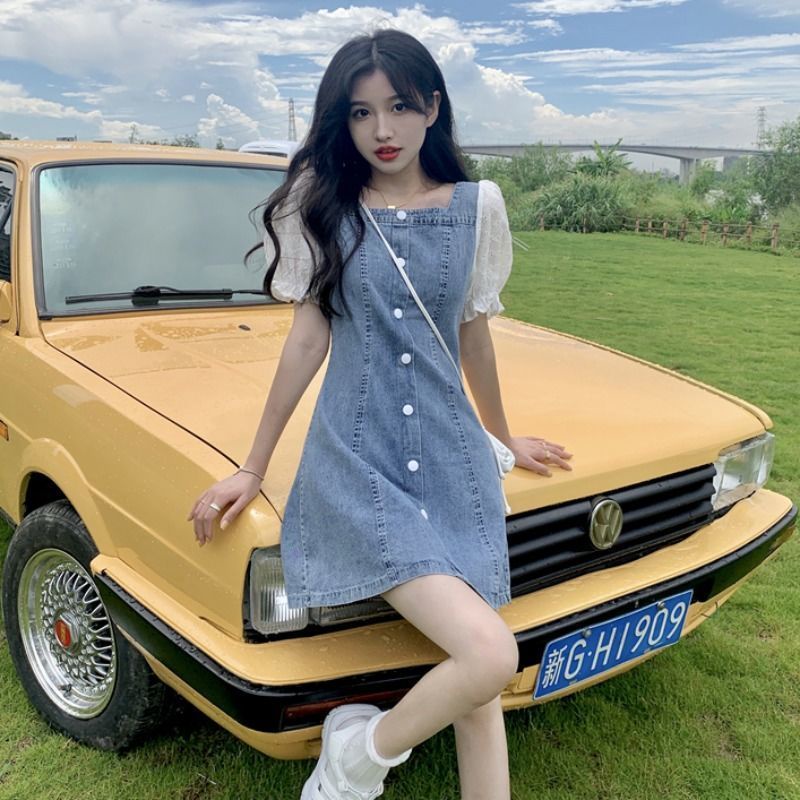 Chân váy jean Đầm dài tay phồng ngắn cổ vuông phong cách Đầm Denim Cổ Vuông Tay Phồng Ngắn Dáng Ôm Thời Trang Hàng Mới Dành Cho Bạn Nữ 2022