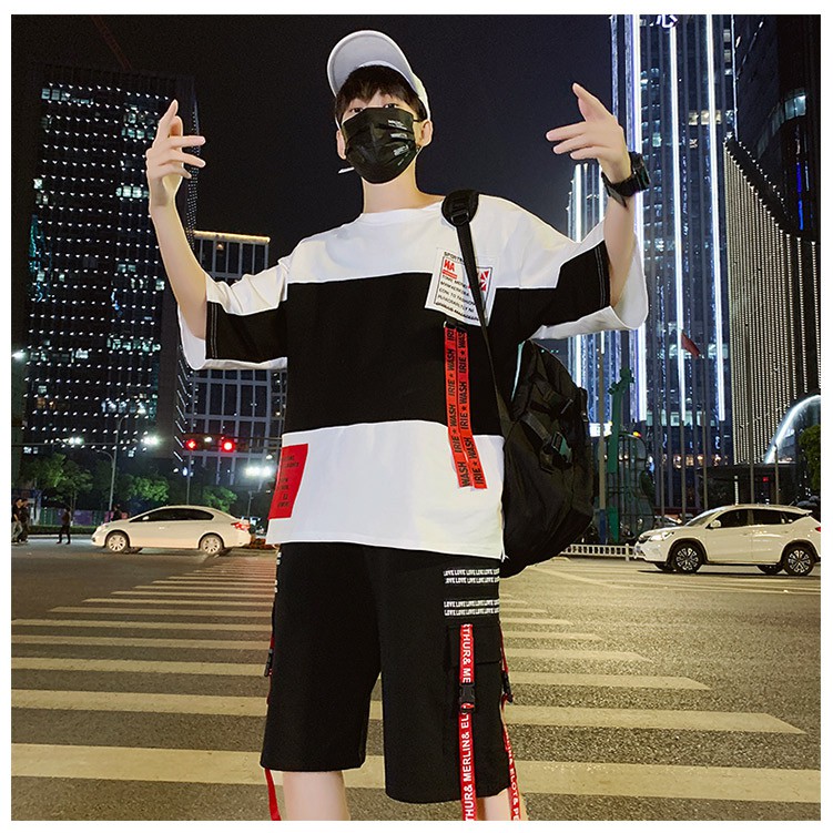 Bộ Quần Áo Thun Nam Cổ Tròn Tay Ngắn Phối Hai Màu Quần Phối Dây Chữ Cá Tính Thời Trang MENFASHION1989 SET NAM 9000039CC | BigBuy360 - bigbuy360.vn