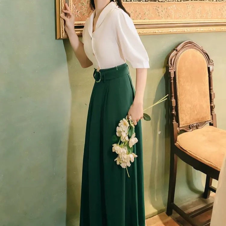Bộ Áo + Chân Váy 2 Món Dáng Ôm Màu Xanh Lá Phong Cách Pháp Thời Trang Cho Nữ